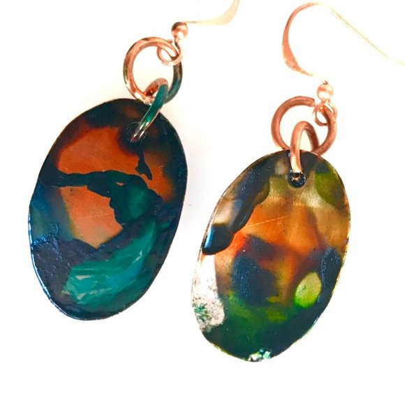 Conceptual Subculture Jewelry - Modernist Geometric Abstract Green Blue Red Orange Solid Copper Earrings Drop